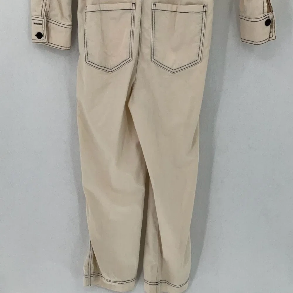 Zara Beige Cotton Linen Blend Boiler Suit Pockets Denim Utility Jumpsuit Small